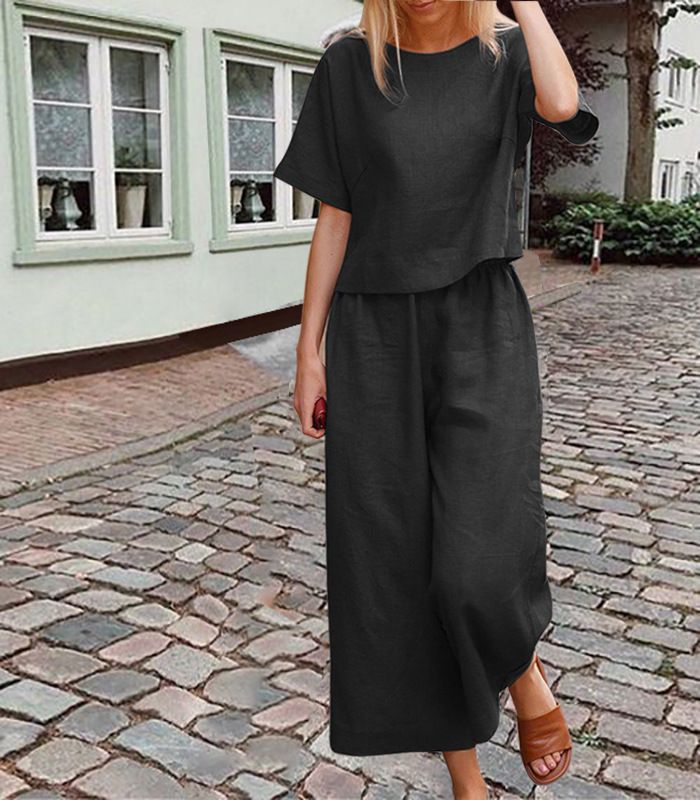 Damen große Größe Anzug Leinen Freizeit lose einfarbig Anzug zweiteiliger Anzug_voghion.com