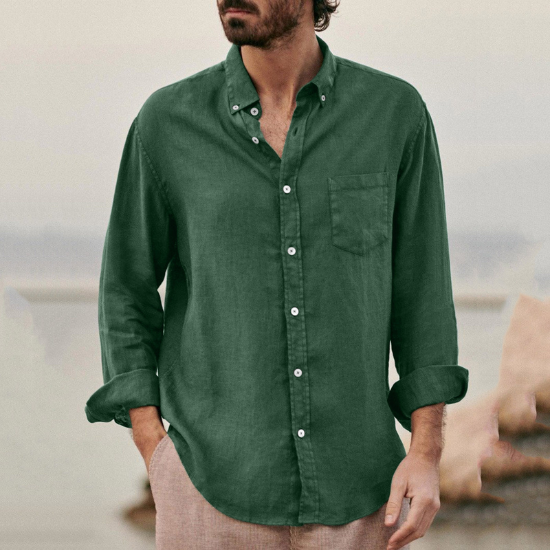 Neues Langarm-Leinenhemd für Herren mit Stehkragen, lässiges, leichtes Herrenhemd, atmungsaktives T-Shirt mit Hawaii-Knopfleiste_voghion.com