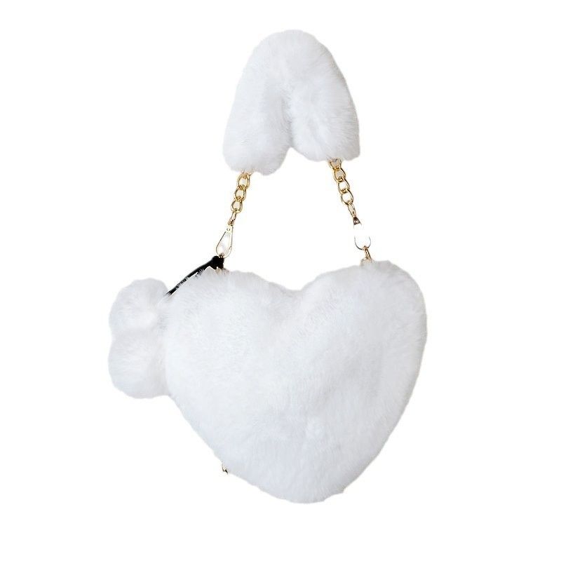 Süße Herzform für Damen, Pelzkettenhandtasche, Pfirsich-Herz-Umhängetasche für Kinder, Plüschtasche_voghion.com