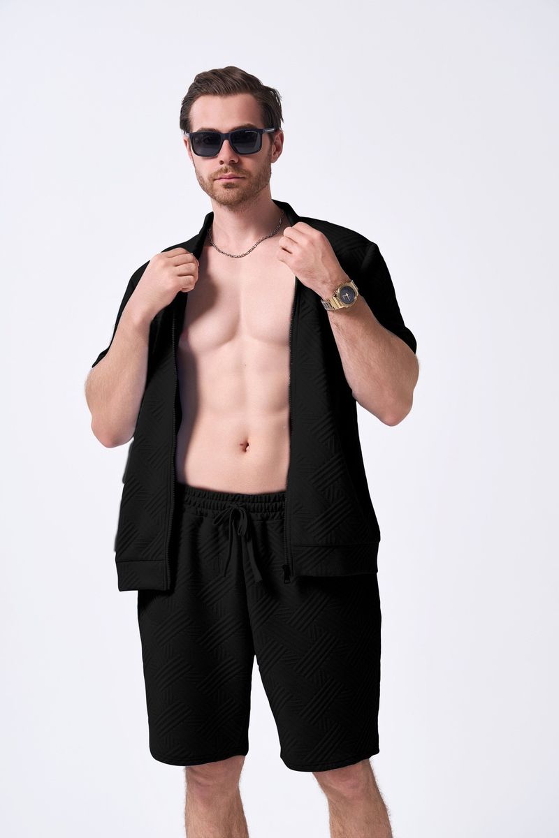Men's Clothing Summer New Men's Simple Casual Jacquard Short Sleeved Zipper Cardigan Jacket Shorts Suit_voghion.com