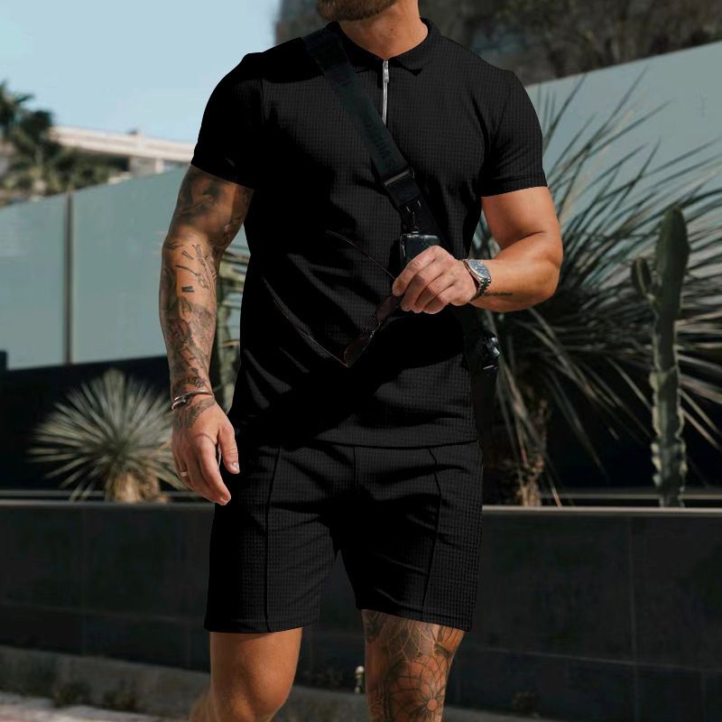Conjunto de shorts de manga curta masculinos europeus e americanos verão waffle cor sólida casual solto zíper lapela conjunto de duas peças_voghion.com