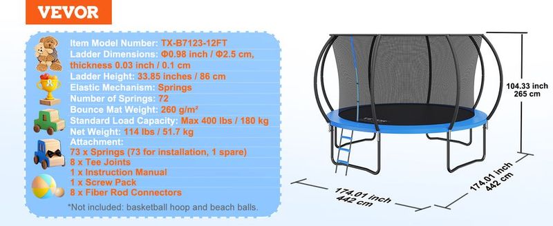 VEVOR 12FT Trampoline, 400 Lbs Trampoline With Enclosure Net, Ladder, And Curved Pole, Heavy Duty Trampoline With Jumping Mat And Spring Cover Padding, Outdoor Recreational Trampolines For Kids Adults_voghion.com