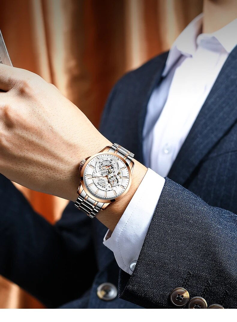 AILANG Luxury Mens es unikāls lietots melns tērauda siksna vīriešu automātiskā mehāniskā plaukstas locītava_voghion.com
