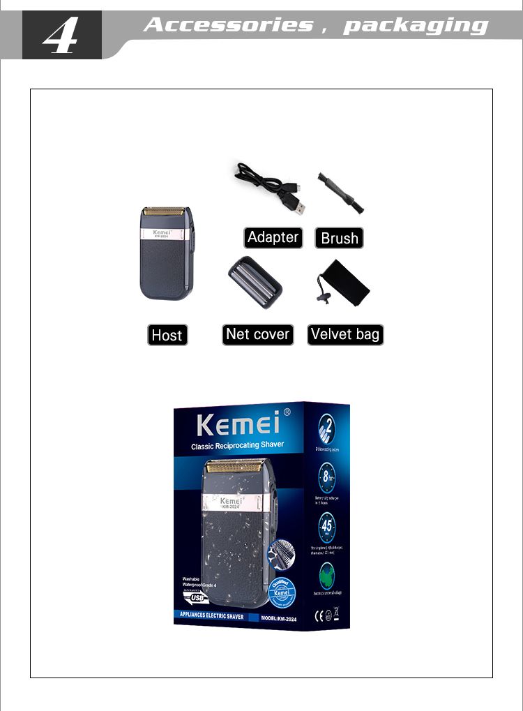 Kemei Elektrikli Tıraş Makinesi Erkekler İçin Moda Erkek Deri Kabuk Su Geçirmez Şarj Edilebilir Profesyonel Sakal Düzeltici Jilet KM-2024_voghion.com