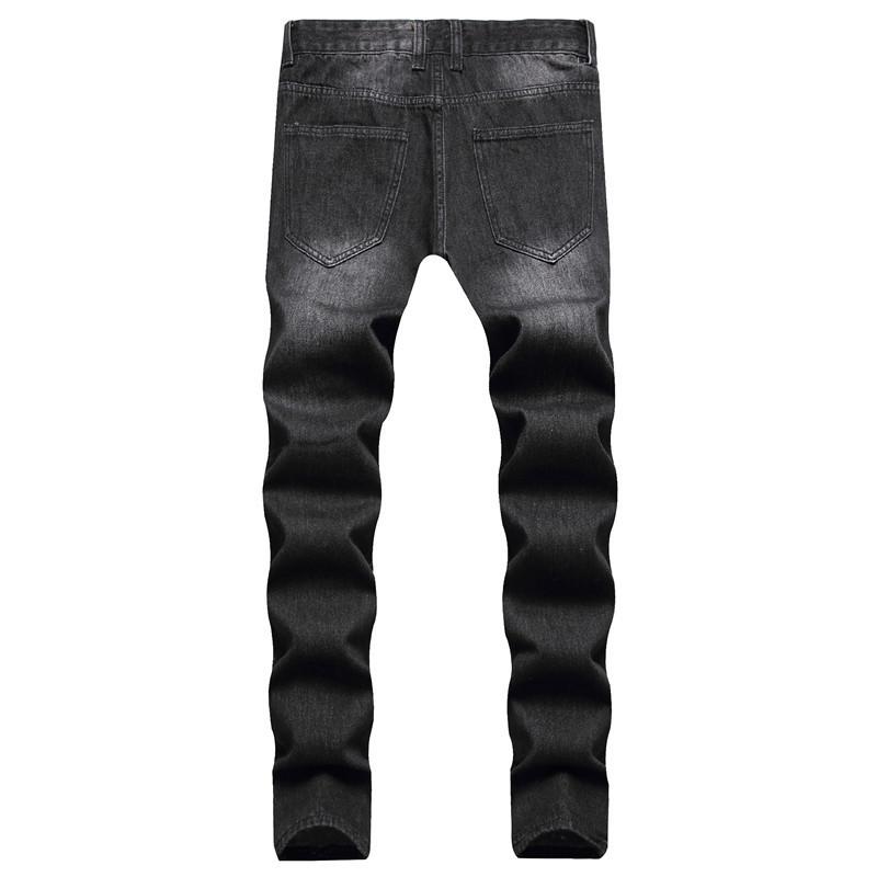 Men's Clothing Stock Summer Black Casual Youth Trousers Non Elastic Mid Waist Multi Hole Straight Jeans_voghion.com