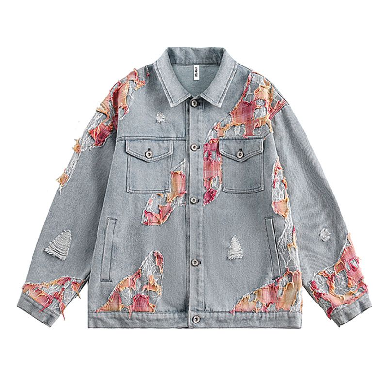 Herrenbekleidung Sunset Lace Patchwork Zerrissene Jeansjacke Nischen-Lockere Jacke_voghion.com