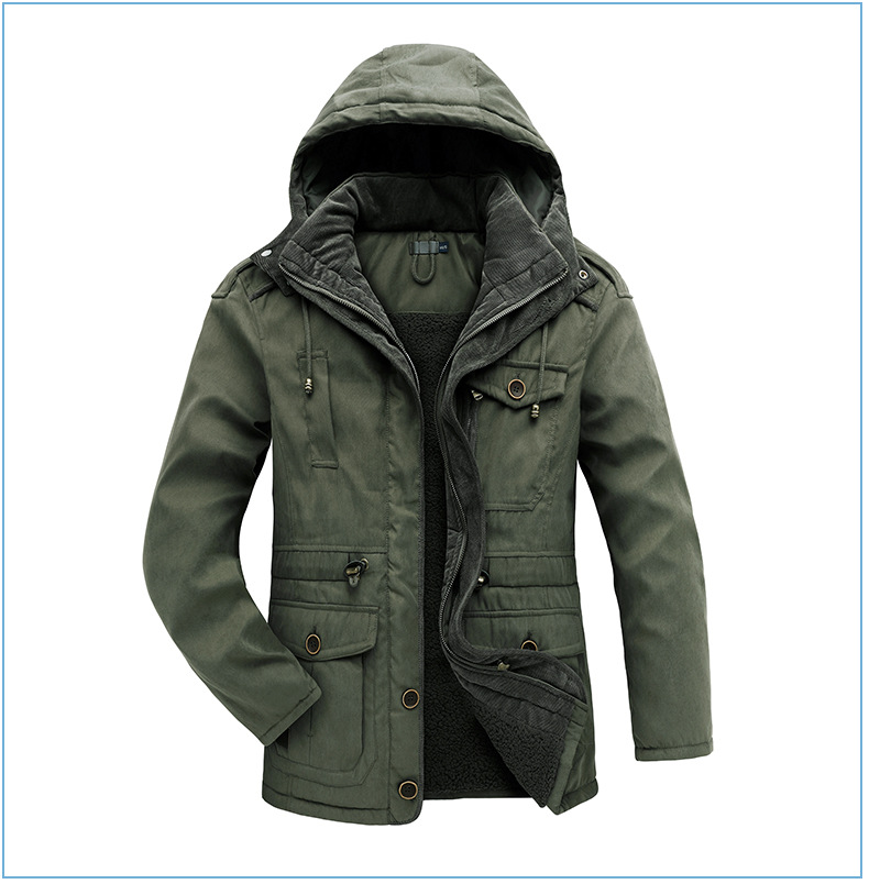 Men's Plus Size Shearling Hooded Cotton Jacket Thickened Multi-Pocket Cotton Top Casual Mid-Length Coat_voghion.com