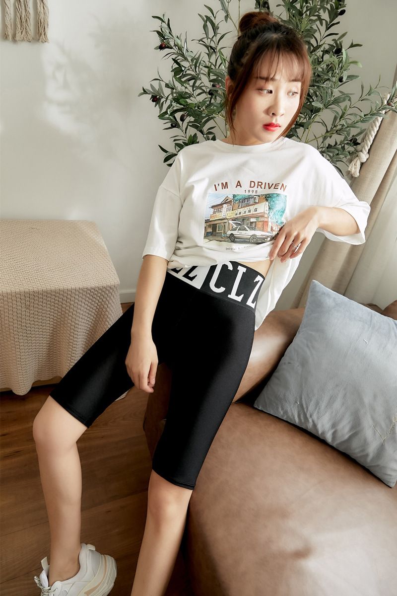 Cycling pants for women, tight-fitting stretch sports bottoming shorts for outer wear, contrasting letters, high-waisted pants, large size_voghion.com
