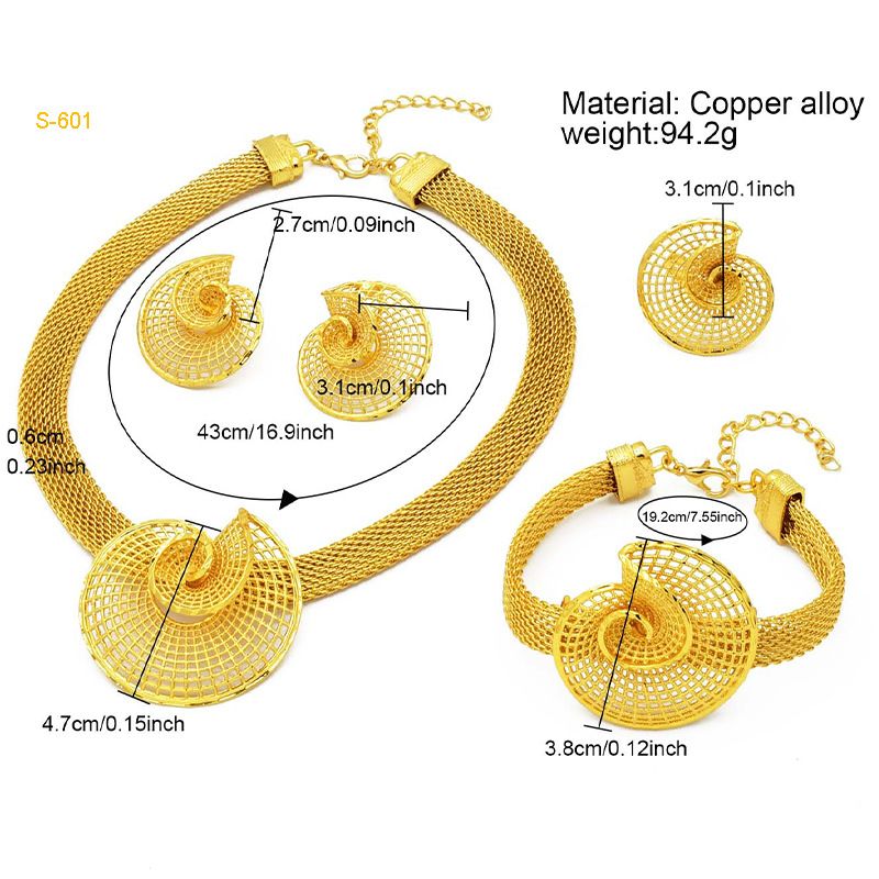 Set di gioielli in oro da donna, in lega di rame, placcati in oro, Dubai, set di moda di vendita calda, sposa indiana, collana, orecchini, bracciale, anello, gioielli_voghion.com