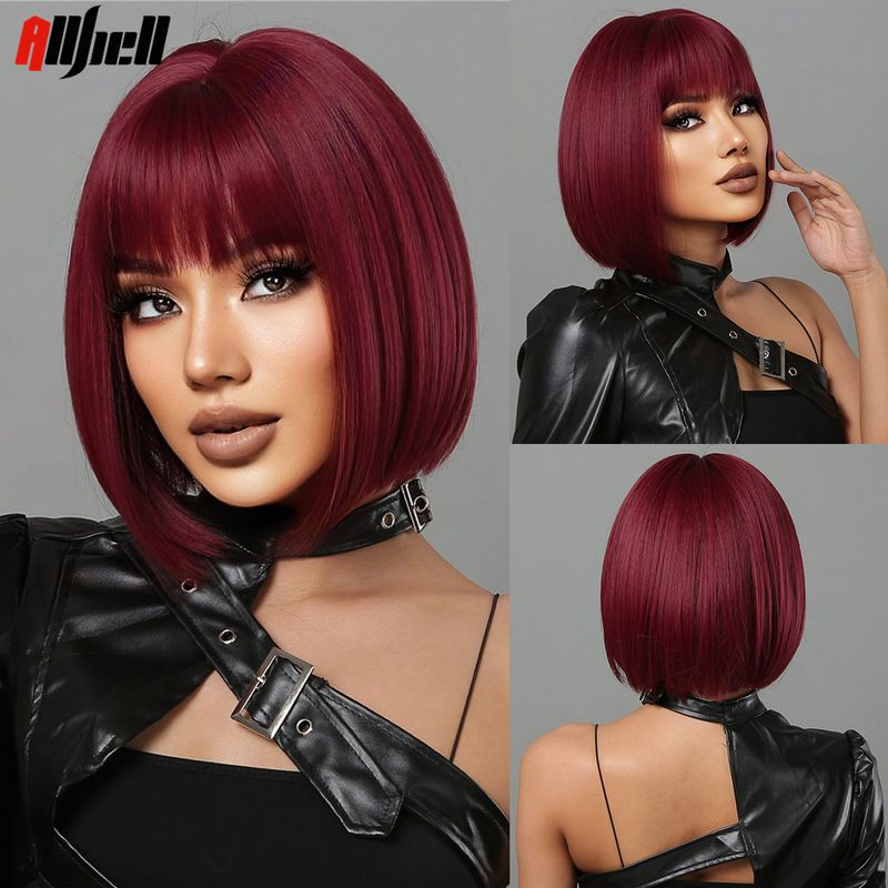 vendita calda vino rosso bob capelli cosplay halloween parrucche naturali sintetiche per le donne parrucca corta diritta con frangia ad alta temperatura_voghion.com