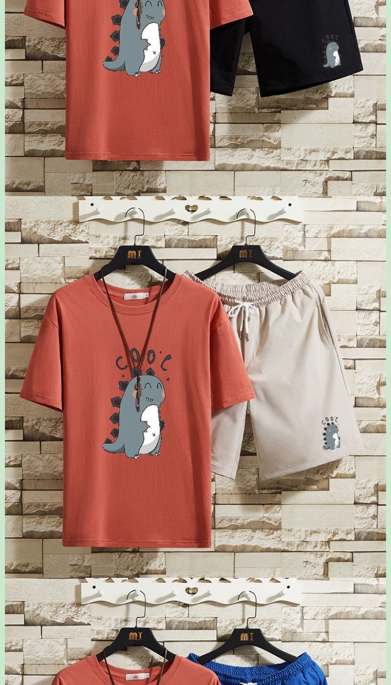 Men's Summer Hip Hop T-shirt cu mânecă scurtă cu dinozaur, pantaloni scurți largi, cu mânecă scurtă, set de două piese, 12_voghion.com