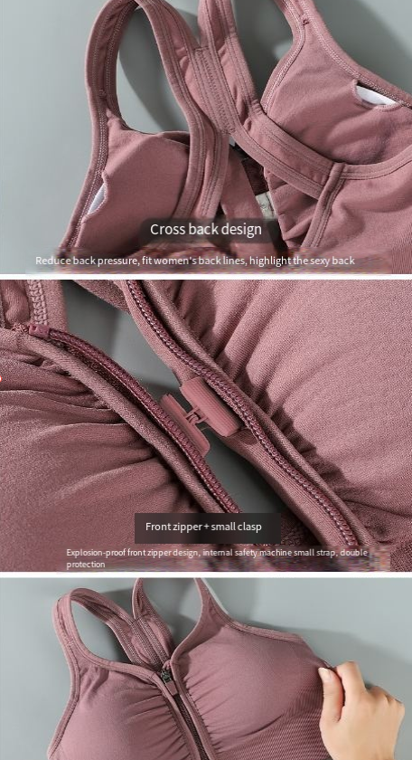 (3 pezzi) Reggiseno sportivo antiurto con arricciatura e bella schiena integrata, ad alta resistenza, per taglie forti, cerniera anteriore_voghion.com