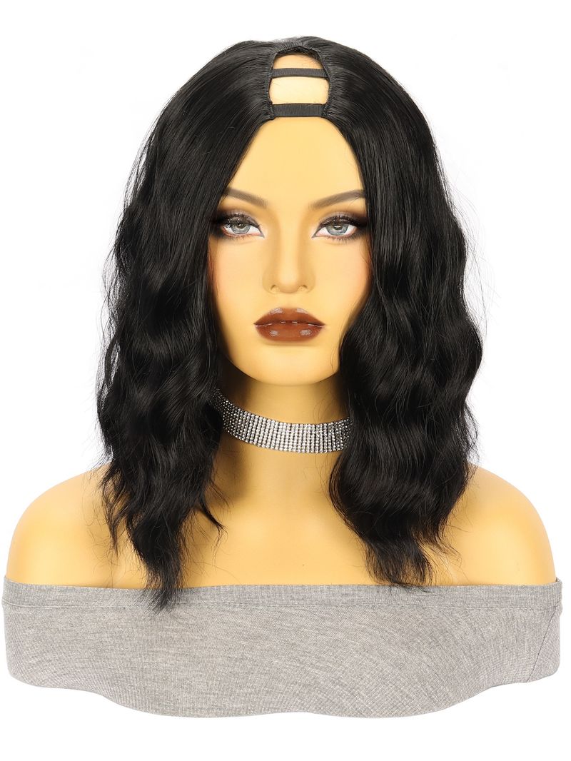 Synthetic Hair Wigs Women's Wigs V PART Black Middle Parted Short Curly Hair Water Ripples Synthetic Head Wigs_voghion.com