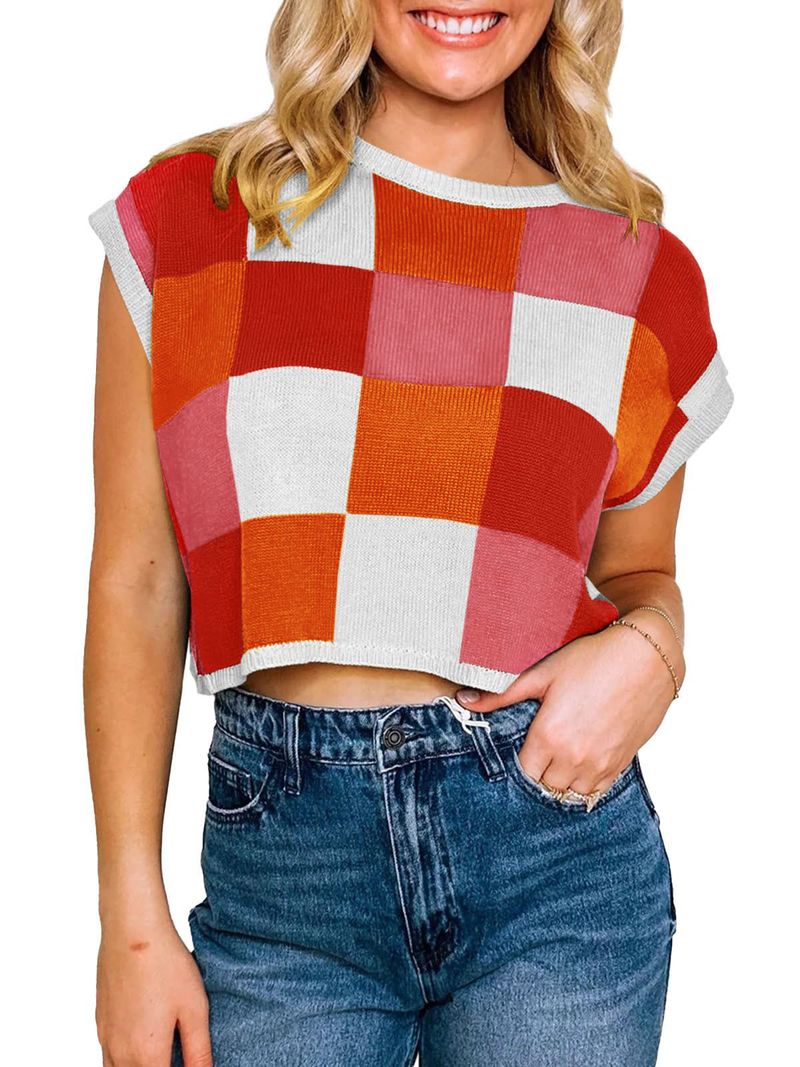 Women's Cropped Short Sleeve Knit Sweater With Color Block & Checkerboard Design - Round Neck, Oversized Fit, Breathable Fabric_voghion.com