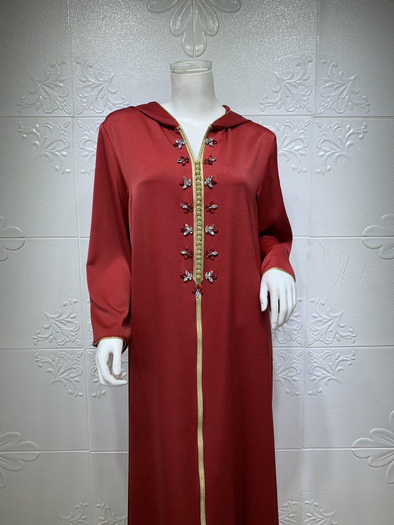 Vestido muçulmano feminino de cetim com contas abaya Dubai leve vestido de noite étnico luxuoso_voghion.com