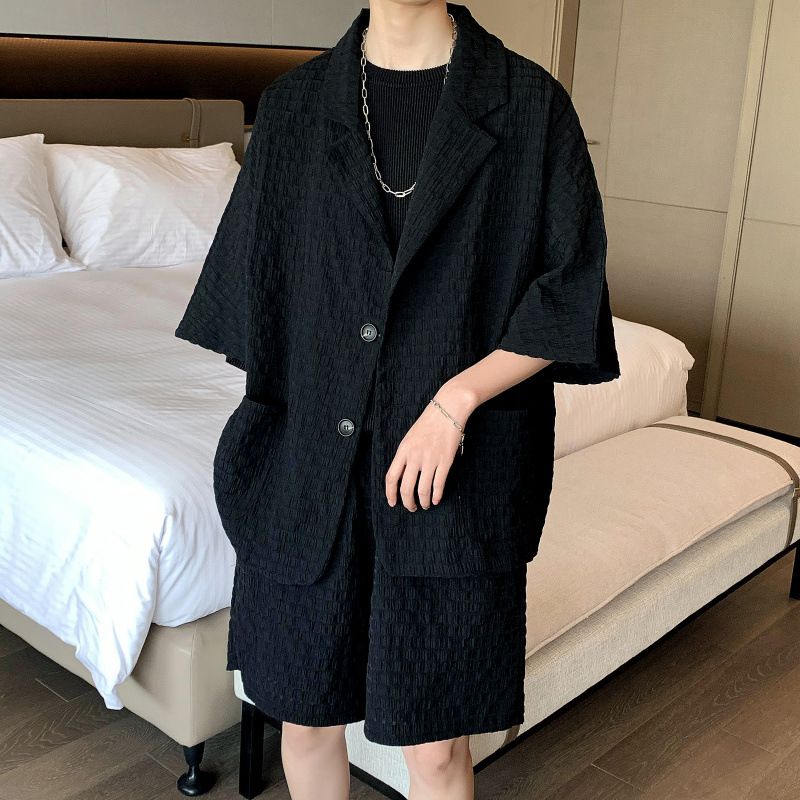 Costume CT à texture gaufrée pour homme, tenue d'été cool, blazer, veste, short ample tendance, ensemble deux pièces_voghion.com