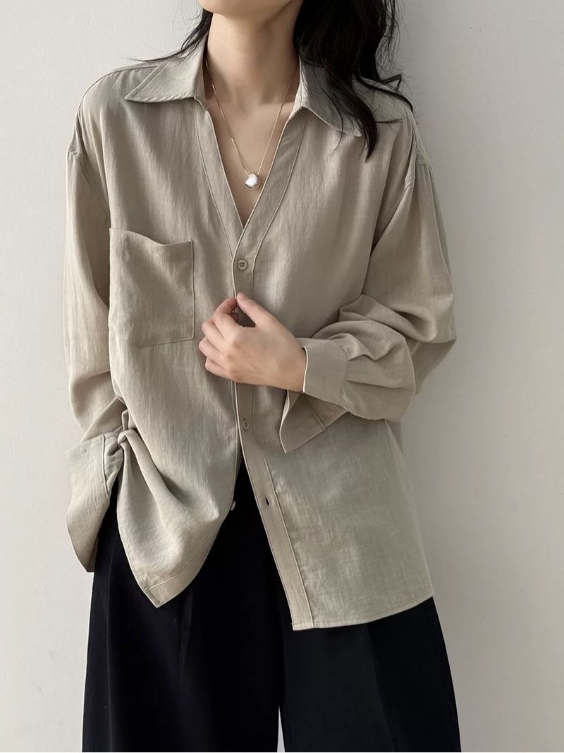 V-Neck Linen Shirt Women's Long Sleeve – Boho Chic Sun Protection Blouse, Breathable Cotton Linen Top For Summer, Loose Fit Casual Shirt_voghion.com