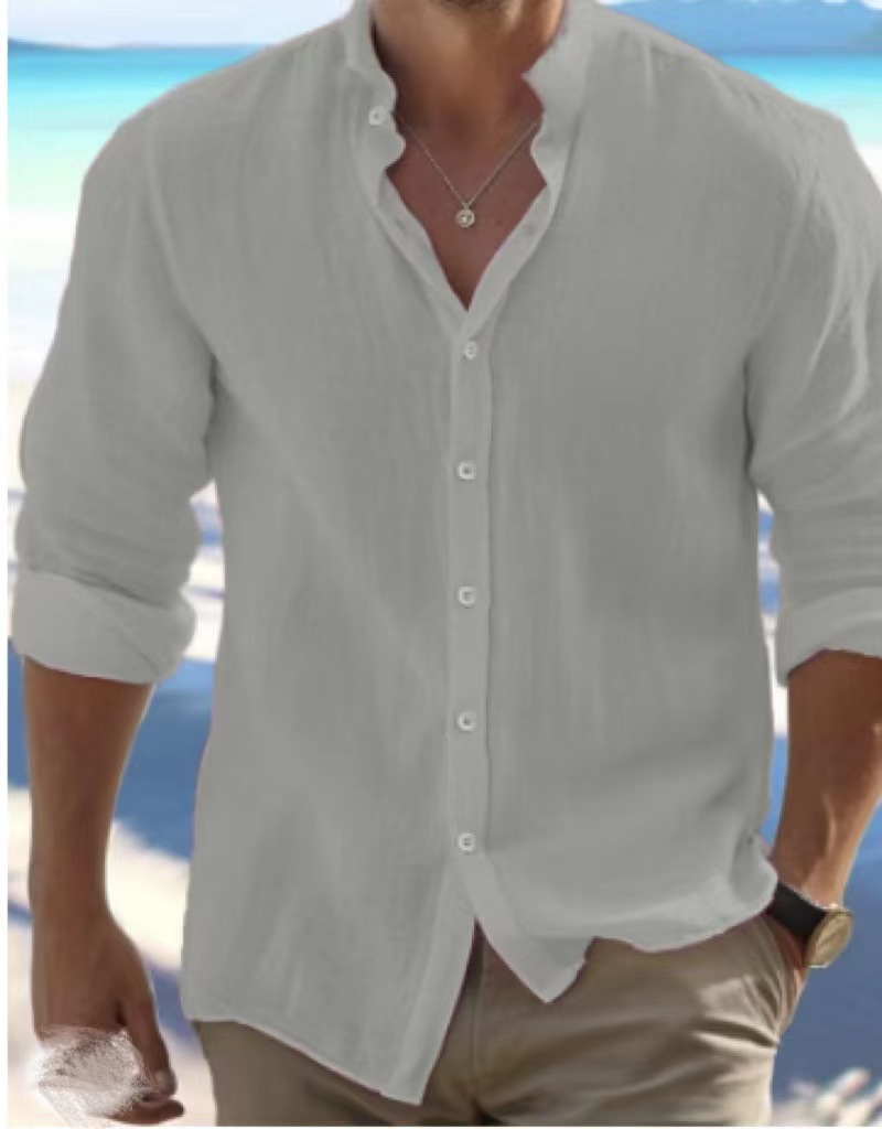 Strandhemd aus Leinen für Herren mit Knöpfen, langärmeliger, schlichter Kragen, lässige Alltagskleidung für Frühling und Sommer_voghion.com