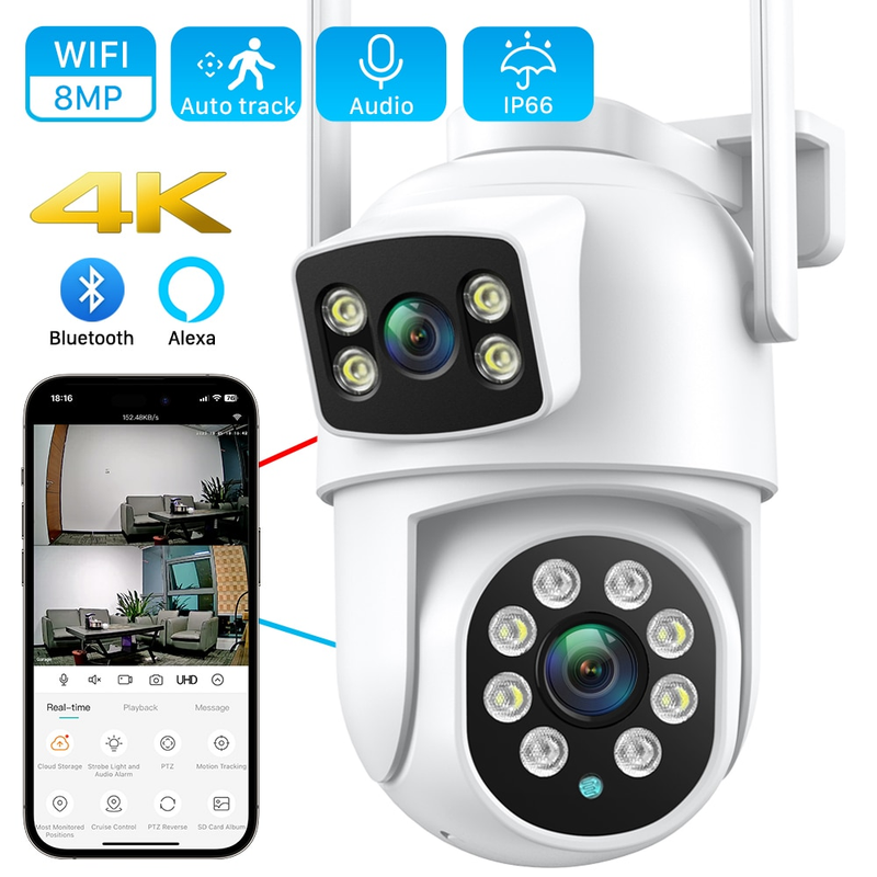 4K 8MP PTZ WIFI Lens Dual Screen 4X Digitale Zoom IP Camera 4MP HD Auto Tracking Outdoor CCTV Surveillance iCSee App_voghion.com