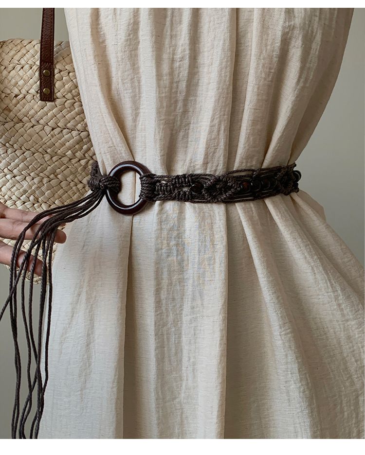 Gewebter Gürtel aus gewachster Kordel mit Holzschnalle, neuem, verlängertem Quasten- und Perlengürtel, Nischendesign mit Rockbesatz_voghion.com