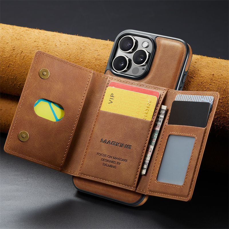 2 In 1 Wallet Card Case For Iphone 16 Pro Max 16E 15 Plus 14 13 12 Magnetic Wireless Charging Leather Phone Back_voghion.com