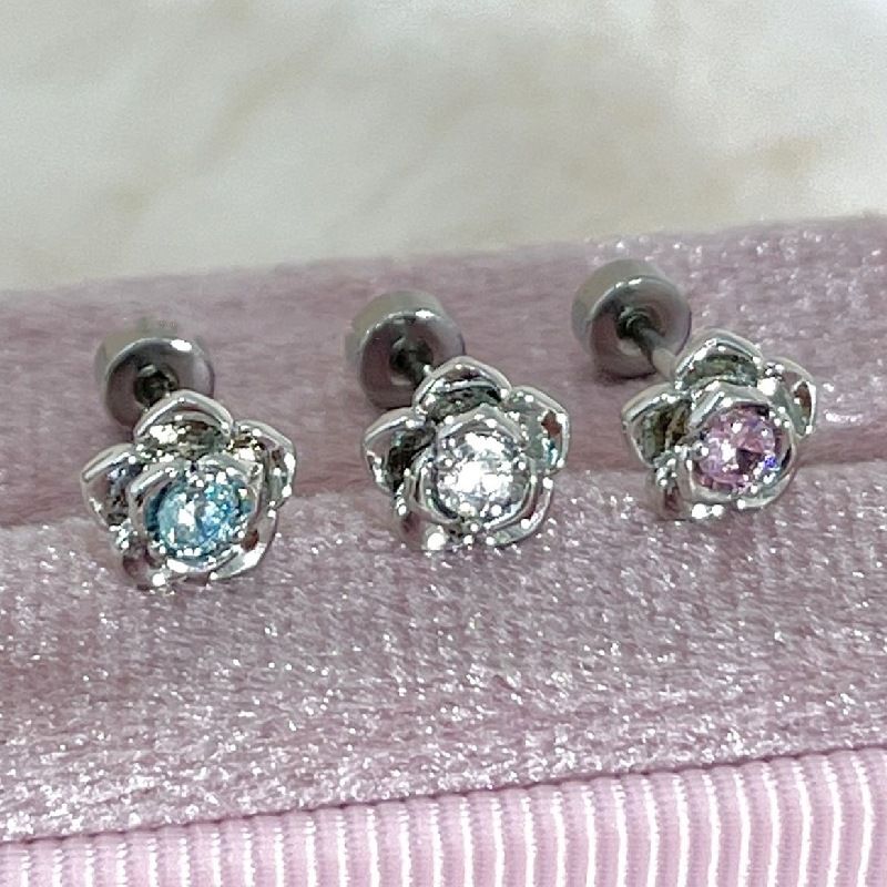 Silver Thorn Rose Zircon Niche Titanium Steel Piercing Sleep Without Removing Conch Ear Bone Stud_voghion.com