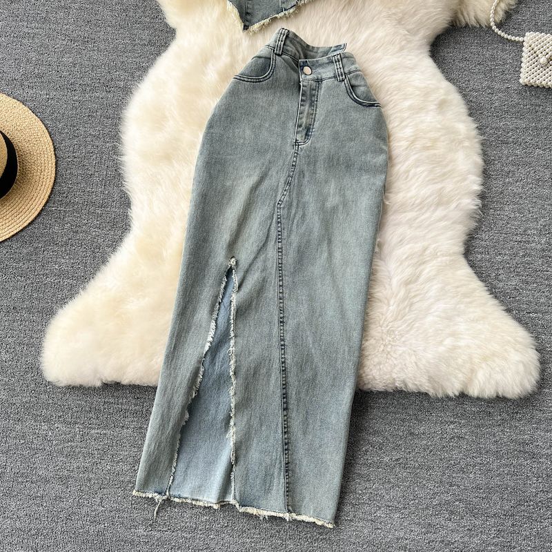 Damenbekleidung Design Jeansanzug Pure Desire Hot Girl Unregelmäßiges kurzes Tube-Top Weste Hohe Taille Geteilter Rock_voghion.com