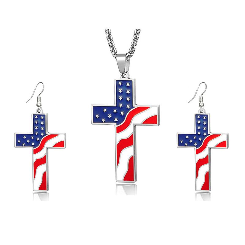 Heißer Verkauf Halskette Für Männer Amerikanischen Unabhängigkeitstag Kreuz Anhänger Ohrringe Paar Set Schmuck_voghion.com
