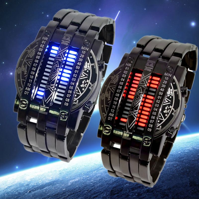 Relógio Digital Binário LED Masculino - Cronógrafo Empresarial Elegante com Pulseira de Corrente, Calendário e Mostrador Mensal, Resistente à Água_voghion.com