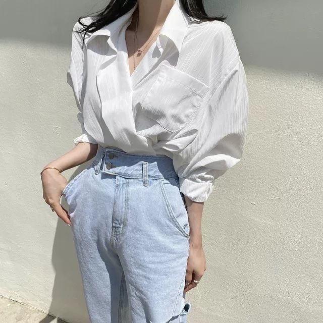 2024 Spring and Autumn New Korean Chic Gentle Striped White Collar Single breasted Loose Casual Long Sleeve Shirt_voghion.com