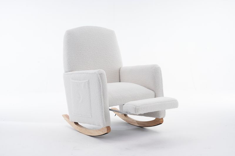 Fauteuil à bascule 044 avec pouf, fauteuil inclinable d'intérieur à dossier haut en tissu Teddy blanc pour salon_voghion.com