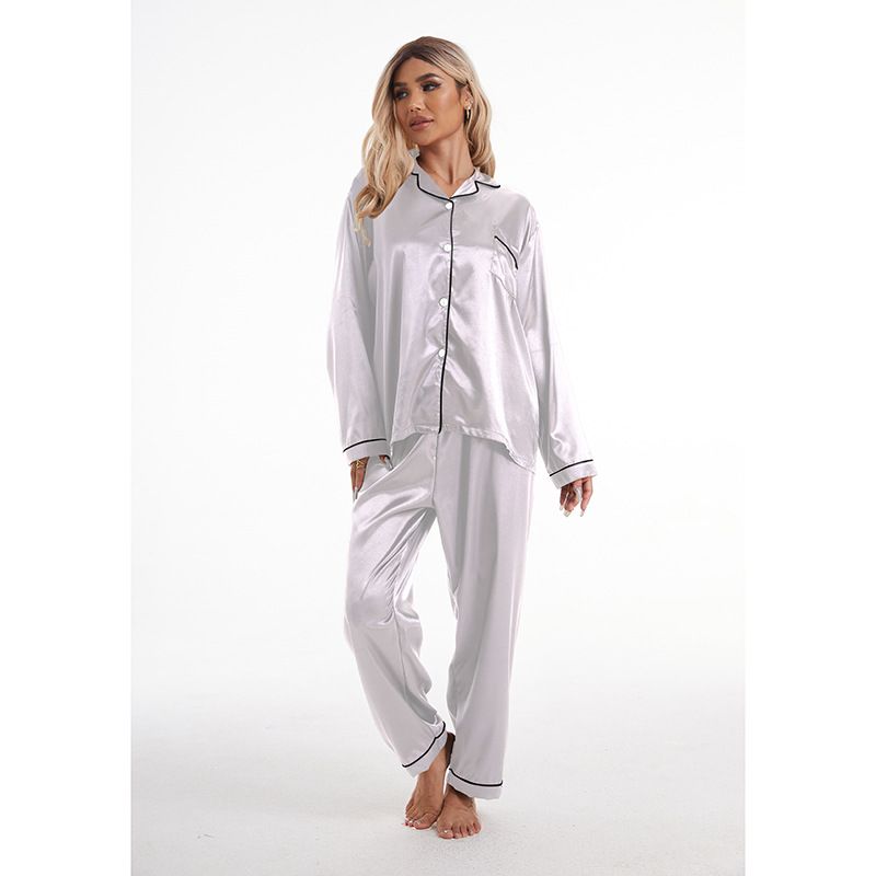 Homewear Turn-down Collar Ice Silk Pajamas Women's Sleeve Long Pants Two-piece Set Plus Size Satin_voghion.com