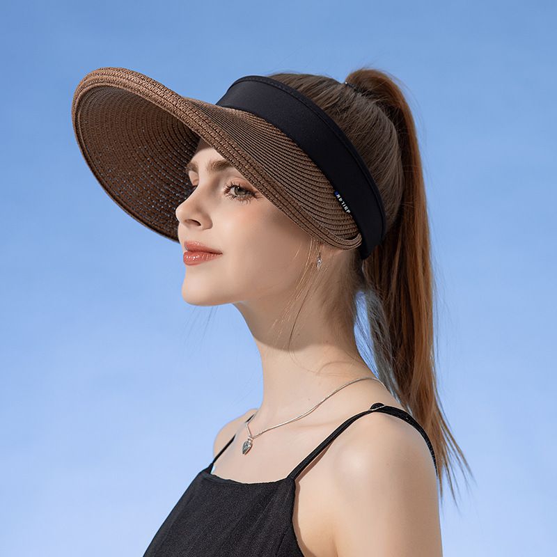 Cappello di paglia con protezione solare da donna, estivo, alla moda, con giunture, con parte superiore vuota_voghion.com
