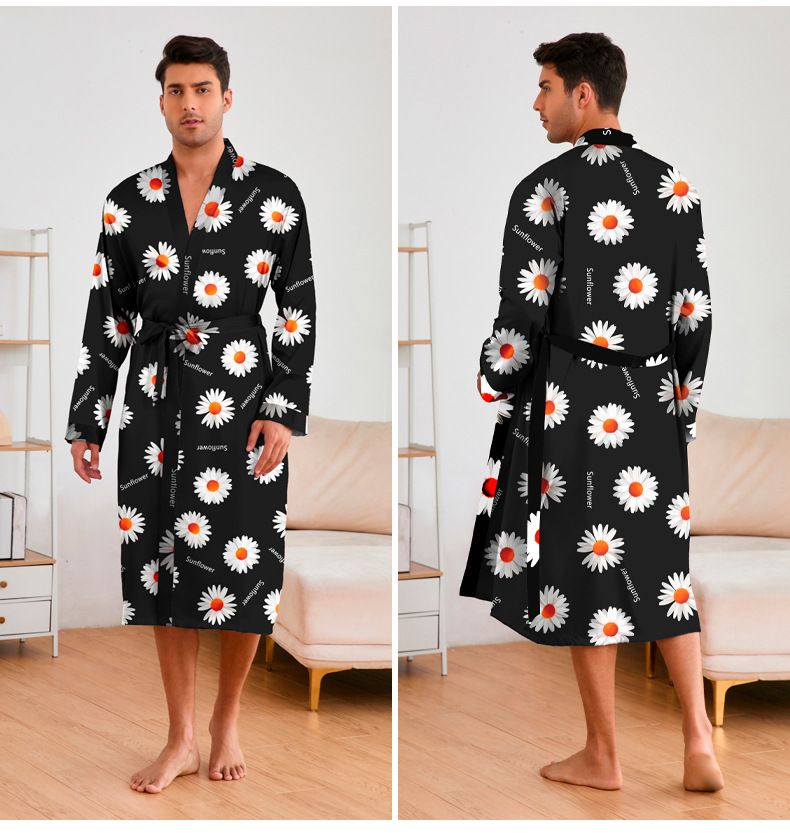 Summer And Autumn Printed Men's Nightgown Shorts Set Ice Silk Bathrobe Loungewear_voghion.com