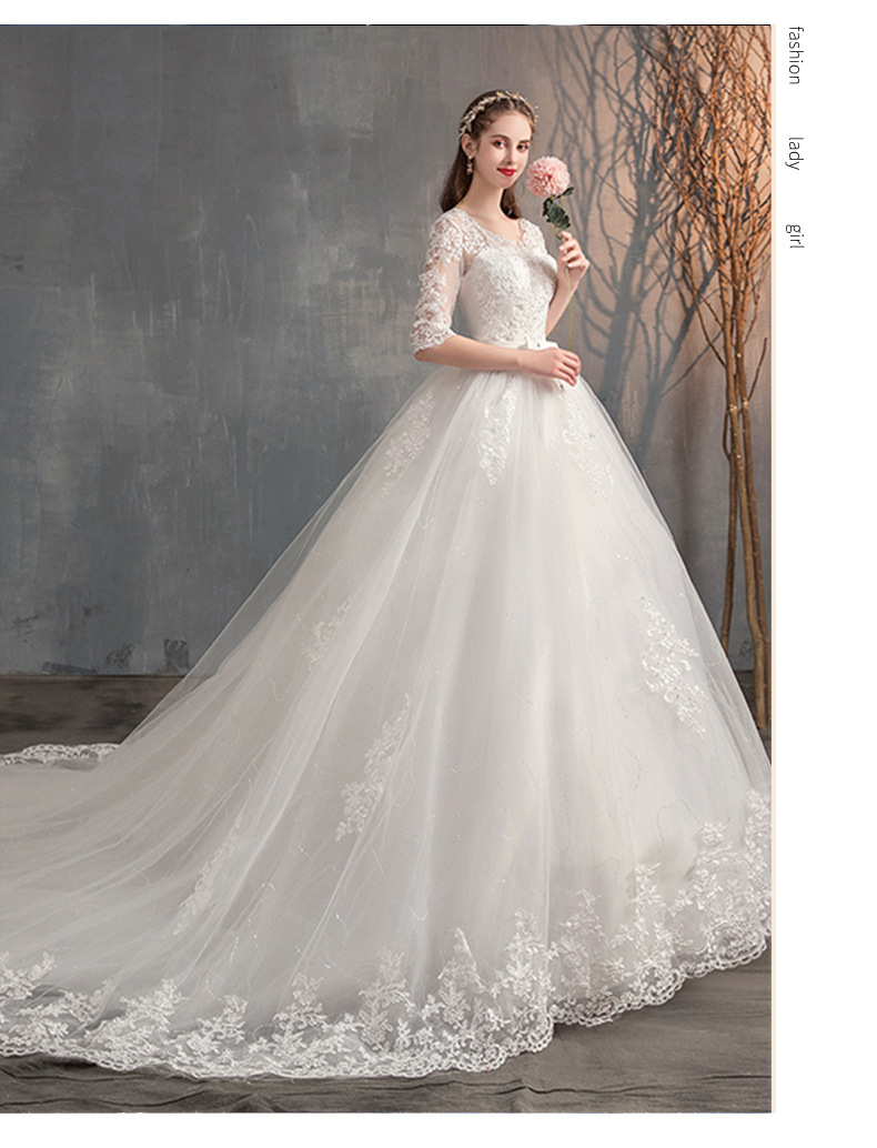 Hochzeitskleid mit tiefem V-Ausschnitt, Spitzen-Hochzeitskleid, großes Hochzeitskleid mit hoher Taille, schlichtes, langärmliges Frühlingskleid_voghion.com