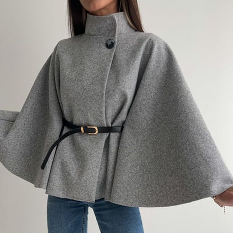 Elegante capa con cinturón: gabardina de lana resistente a las arrugas con mangas acampanadas para mujer (tallas S-XXL, 4 tonos neutros, ideal para la oficina y el fin de semana)_voghion.com