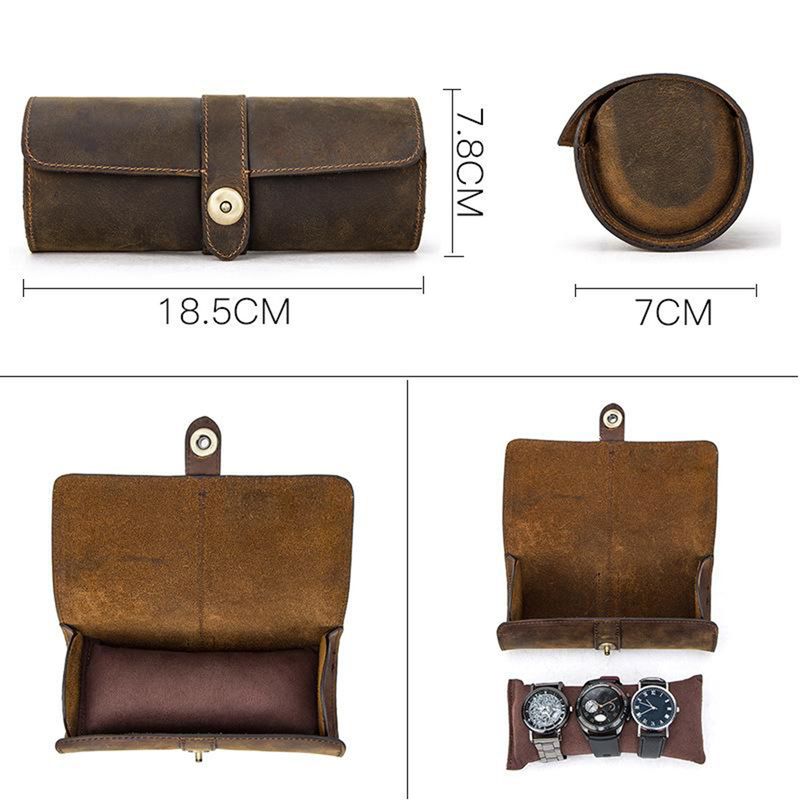 Sacs fonctionnels vintage Crazy Horse Watch boucle ronde créative boîte de rangement en cuir véritable trois pièces une pièce_voghion.com