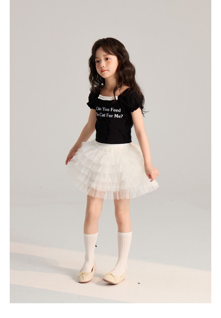 Ropa para niños Verano Nuevo Simple Transpirable Letra Estampado Casual Encaje Mangas cortas_voghion.com