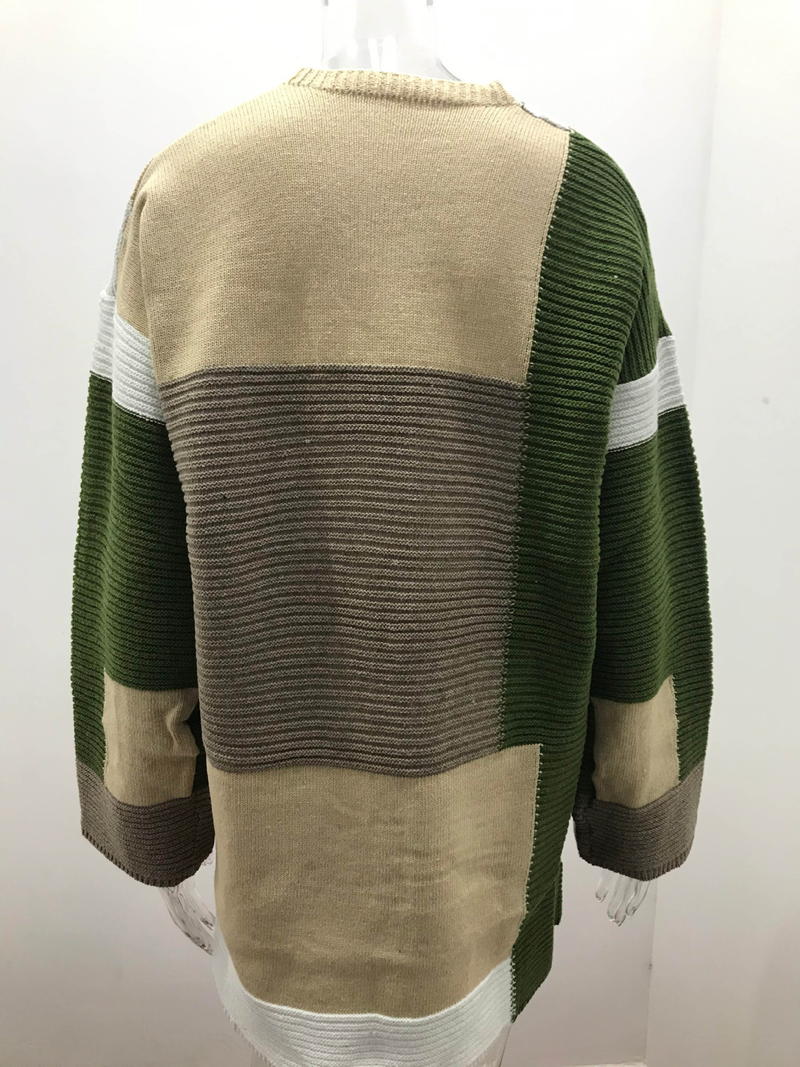 Women's large size loose geometric color matching sweater cardigan_voghion.com