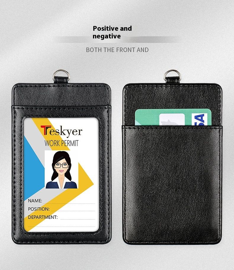Work ID Leather Cover Large Capacity Card Bag Student Tag Bus Access Card Employee Chest Card Cover With Hanging Rope_voghion.com