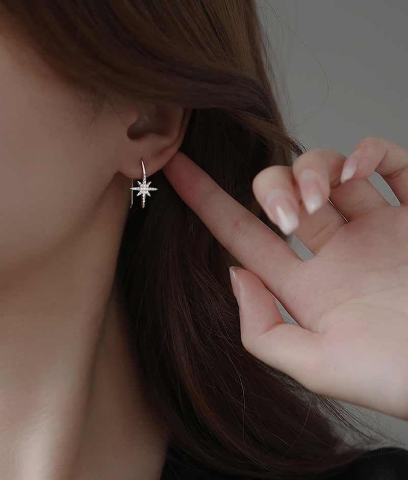 Sterling Sier VENUS Fashion Shining Zircon Hexagonal Star Earrings Women's Light U-shaped Earrings Jewelr_voghion.com