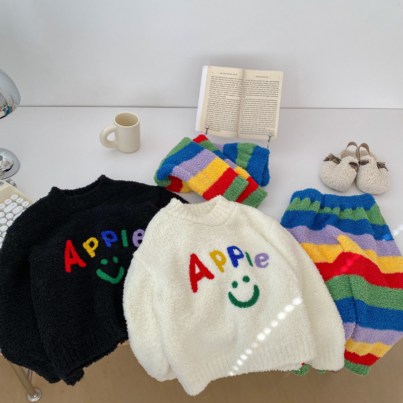 Children's Homewear Winter Boys And Girls Letter Rainbow Striped Pajamas Set Children's Soft Homewear_voghion.com
