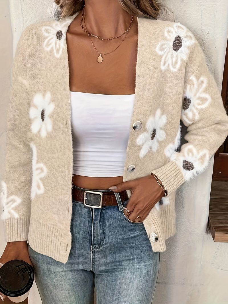 Women's Loose Knit Cardigan Coat - Spring & Summer Lightweight V-Neck Sweater (Khaki, S-L)_voghion.com