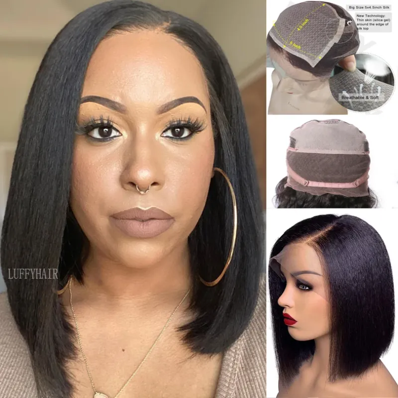 Yaki Bob Seidebasis Vollspëtz Perück lénksen Deel ouni Klebstoff Kuerz Bob Seid Top Vollspëtz Mënschenhoer Perücken 10A Topqualitéit Virgin Hoer_voghion.com