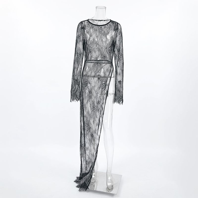Damenbekleidung Sexy schwarzes durchsichtiges Kleid mit Spitze, Rundhalsausschnitt, langen Ärmeln und Schlitz, asymmetrisches Kleid, langes Kleid für den Sommer_voghion.com