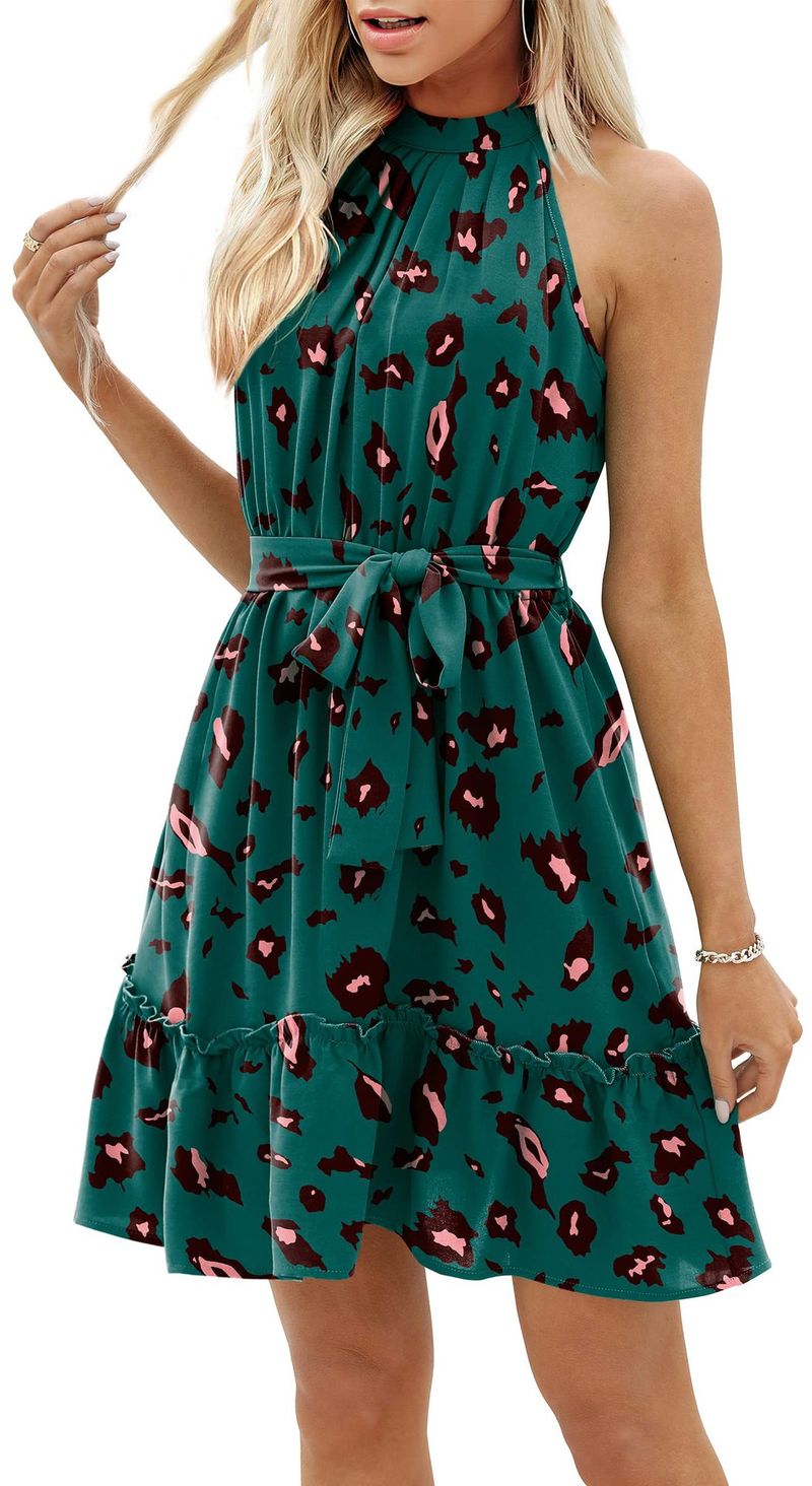 2023 Frühling und Sommer, A-Linien-Rock, Neckholder, florales Schnür-Tunika-Kleid mit offenem Rücken_voghion.com