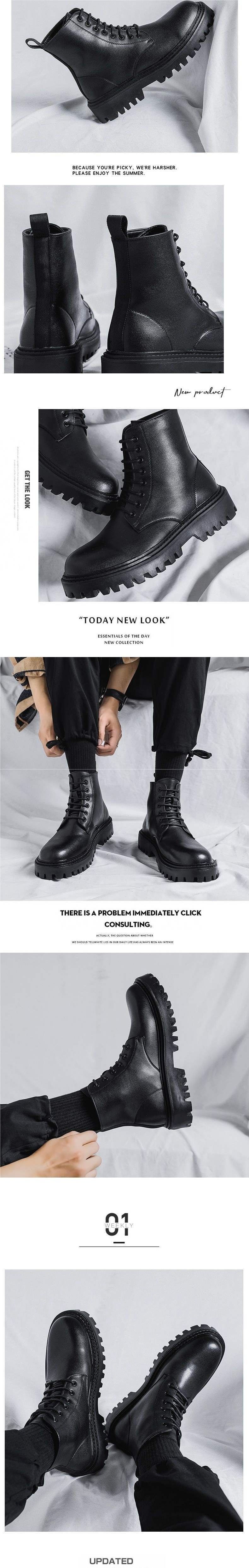 WalkPrime Martin Autumn High-top British Style Retro Men's Casual Leather Shoes Mid-top Waterproof Black Work Boots_voghion.com