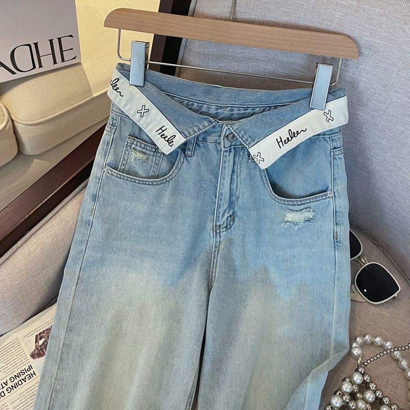 Roupas femininas Real Shot Of Summer Fino Design Estilo Punho Carta Cintura Alta Solto Slim Denim Calças Largas Calças_voghion.com