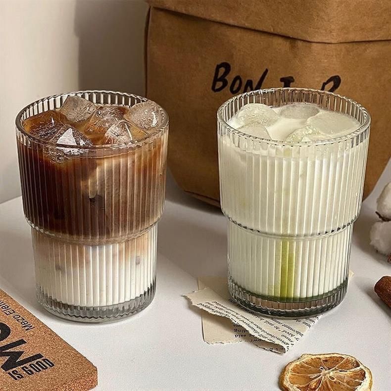 Striped Glass Coffee Cup With Lid & Straw - 12oz Reusable Drinking Glass For Hot/Cold Beverages (Iced Latte Milk Juice Dishwasher Safe)_voghion.com
