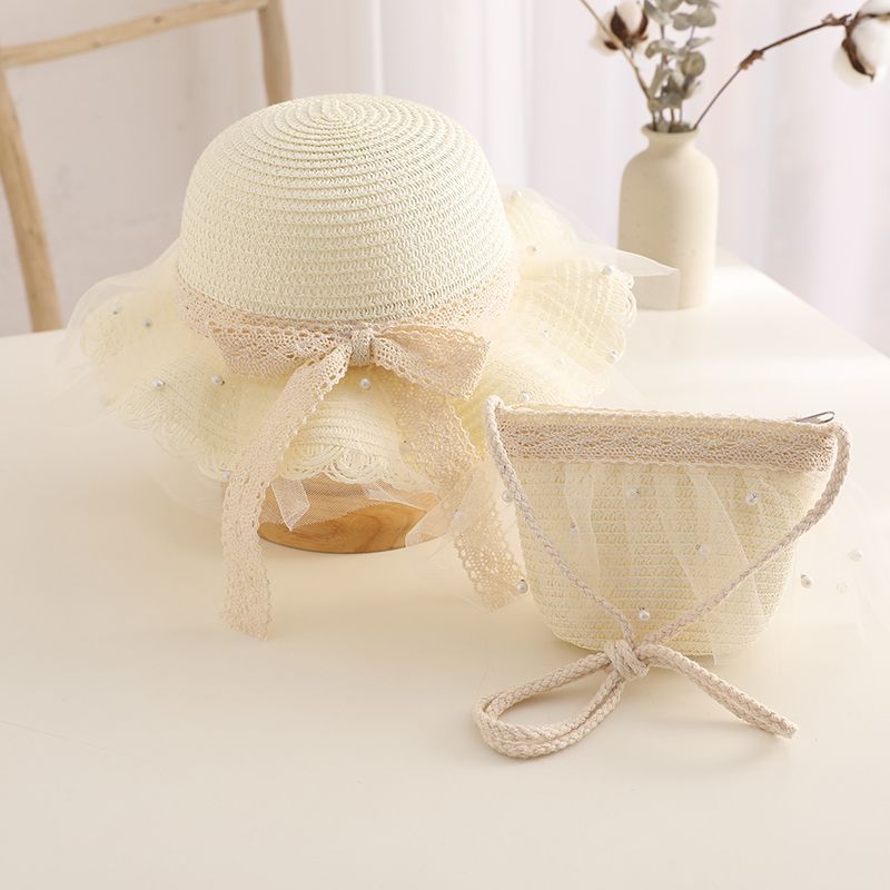 Moda Bambini Ragazze Tesa Larga Paglia Intrecciata Protezione Solare Cappello da Spiaggia Pizzo Perla Estate Floppy Bucket Cap Borsa Portatile панама_voghion.com